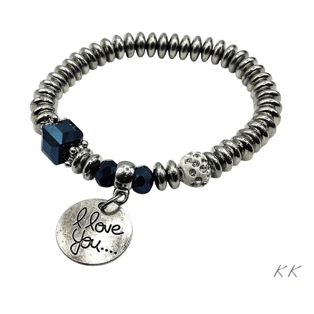 I Love You Charm Stretch Bracelet Silver Tone Blue Faceted‎ Beads